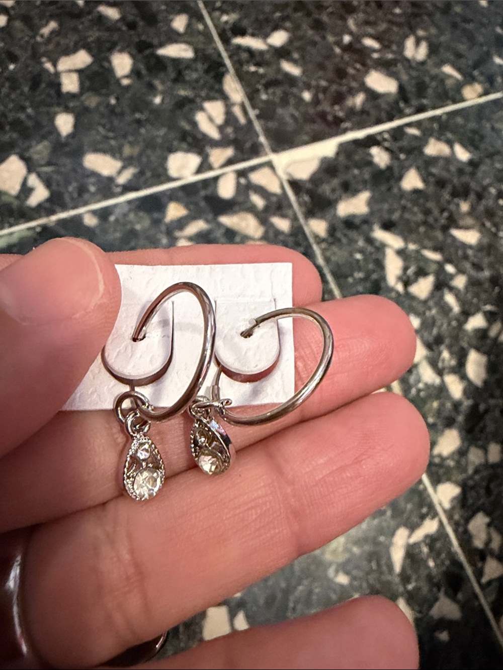 Silver Teardrop Hoop Earrings with Clear Crystal Drops